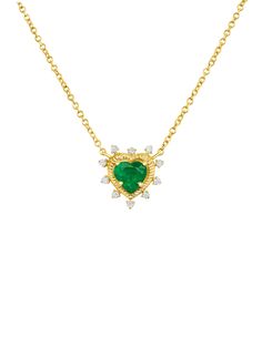 Enchant your style with the Jasmine Emerald Heart Necklace. Crafted from 14k gold, this exquisite necklace features a stunning heart-shaped emerald at its center, surrounded by a halo of sparkling round diamonds. Perfect for adding a touch of luxury and romance to any outfit, this piece is a timeless treasure that exudes elegance and grace. Luxury Gold Emerald Necklace With Exquisite Style, Elegant Emerald Heart Pendant Necklace, Elegant Heart Necklace For May Birthstone, Elegant Heart Pendant Necklace For May Birthstone, Elegant May Birthstone Heart Necklace, Tennis Jewelry, Elegant Necklace, Elegant Necklaces, Religious Jewelry