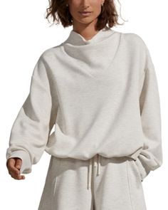 Varley Betsy Sweatshirt White Funnel Neck Tops With Ribbed Cuffs, Funnel Neck Top For Loungewear, White Oversized Funnel Neck Top, Oversized White Funnel Neck Top, Off White Relaxed Fit Tops For Fall, Off White Tops For Fall Loungewear, Off White Tops For Loungewear In Fall, Off White Spring Loungewear Top, Cream Funnel Neck Top For Fall