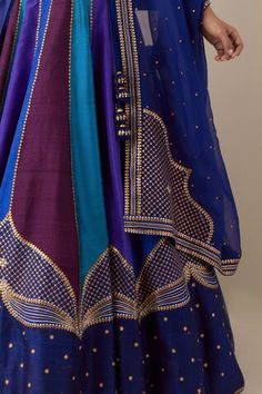 Multicolor colorblock attached cancan lehenga with aari, zari, sequin embroidery in mughal pattern. Paired with sleeve embroidered padded blouse and border embroidered dupatta. - Aza Fashions Purple Chanderi Lehenga With Motifs, Blue Silk Lehenga With Motifs, Fusion Style Sets With Zari Work For Festivals, Fusion Sets With Zari Work For Festivals, Designer Purple Lehenga With Motifs, Designer Fusion Lehenga With Zari Work, Fusion Style Saree Set With Zari Work, Fusion Style Lehenga With Traditional Drape And Cutdana, Fusion Saree Set With Zari Work