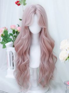 Pink Curtain Bangs Long Wavy Synthetic Wig Pink Hair Curtain Bangs, Pink Curtain Bangs, Trendy Curtain Bangs, Pink Curtain, Long Wavy Wig, Kawaii Wigs, Layered Curtains, Blonde Layers, Bangs Long