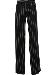 black wool twill weave pinstripe pattern belt loops two diagonal pockets to the sides two rear button-fastening jetted pockets straight leg front button and zip fastening