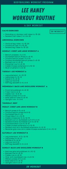 the poster for lee haney's workout routine is shown in blue and green