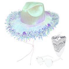 PRICES MAY VARY. Space Cowgirl Hat Set: You will receive a neon cowboy hat with Bandana and heart sunglasses of the same color. There is a matching sequin trim around the brim of the cowboy hats for women, and comes with an adjustable neck drawstring. Good Quality: Our cowgirl hats women are made of good quality materials to maintain their shape and maintain their dazzling shine for your disco pink cowgirl hat. They are lightweight, soft and comfortable, and not prone to aging. These bright, bol Fun Summer Party Costume Hats And Headpieces, Fun Brimmed Costume Hats For Parties, Fun Wide Brim Costume Hats And Headpieces For Party, Fun Wide Brim Party Costume Hats And Headpieces, Fun Costume Hats And Headpieces For Spring Party, Funky Adjustable Party Hats, Fun Spring Costume Hats And Headpieces For Party, Fun Spring Party Costume Hats And Headpieces, Trendy Adjustable Costume Hats And Headpieces For Festival