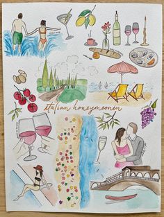 watercolor and ink drawings on paper with people at the beach, wine glasses and umbrellas