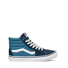 Step that shoe game up a notch and skateboard with confidence in the Vans Skate SK8-Hi. These Vans are subtle but make a cool statement as they pair well with just about anything in the wardrobe. Grab that board and make incredible moves in style as these shoes also provide great support for the feet, allowing maximum performance. Size: 8.5.  Color: Blue.  Gender: unisex.  Age Group: adult. Long Skate, Vans Skate, Flat Booties, Slip On Trainers, Chelsea Boots Women, Black Chelsea Boots, Sk8 Hi, White Brand, Vans Classic