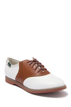 Bring preppy and chic together with a colorblocked leather saddle shoe that will instantly elevate any outfit.M=standard width Retro Brogue Oxfords With Round Toe, Retro Oxfords With Brogue Detailing And Round Toe, Retro Oxfords With Brogue Detailing For Work, Retro Brogue Oxfords For Work, Retro Oxfords With Rubber Sole For Work, Classic White Cap Toe Oxfords, Retro Low-top Oxfords With Leather Sole, Oxfords With Contrast Sole And Round Toe, Retro Oxfords With Leather Sole For Work