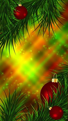 a christmas tree with ornaments hanging from it's branches and an abstract green background