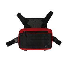 a red and black bag with two straps on it's back pocket, sitting against a white background