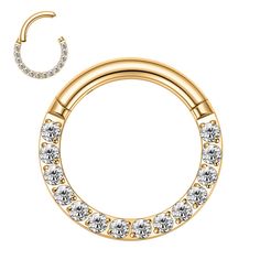 a pair of gold hoop earrings with crystal stones on each end and an earring in the middle