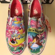 Rare And Hard To Find Authentic Disney Alice In Wonderland Vans Slip On Canvas Shoes With Rubber Sole. Women’s 12 - Men’s 10 In Excellent Condition, Still Has Tags Extremely Hard To Find!!!! Pink Disney Sneakers With Round Toe, Disney Pink Round Toe Sneakers, Disney Themed Slip-on Sneakers For Disney Trips, Cute Vans Slip-on Sneakers, Vans Old School Shoes, Black Leather Vans, Black Slip On Vans, Ariel Wedding, Checkerboard Vans