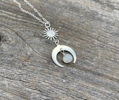 Gorgeous dainty boho witchy crescent moon and/or sun necklace. Long lasting Gold or silver plated moon/sun with natural drip moonstone bead with the chain option of your choice! Perfect for everyday wear, gifts for bohemians. Hypoallergenic nickel & lead free material -Silver plated cable chain -Silver plated satellite chain -18k Gold plated cable chain -18k Gold plated satellite chain -Sterling silver cable chain (read description below) -14k gold filled cable chain (read description below) Adjustable Crescent Moon Phase Charm Necklace, Adjustable Celestial Necklace With Moon Charm, Adjustable Moon Phase Celestial Necklaces, Adjustable Moon Phase Celestial Necklace, Bohemian Moon Phase Necklace In Sterling Silver, Bohemian Sterling Silver Moon Phase Necklace, Adjustable Celestial Moon Charm Necklace, Nickel Free Crescent Bohemian Necklaces, Celestial Sterling Silver Jewelry For Festival