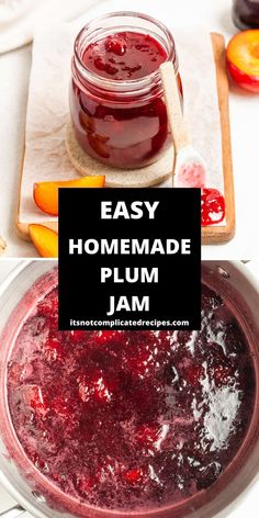 homemade plum jam in a glass jar with text overlay