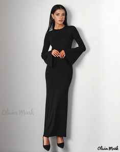 Olivia Mark - Long-Sleeve Solid Color Backless Maxi Dress: Elegant Flared Sleeve Evening Gown Solid Long Sleeve Fitted Maxi Dress, Solid Color Fitted Long Sleeve Maxi Dress, Fitted Black Full Length Maxi Dress, Black Full-length Maxi Dress For Fall, Black Full Length Maxi Dress For Fall, Full Length Black Maxi Dress For Fall, Black Full-length Bodycon Dress, Black Bodycon Long Maxi Dress, Black Floor-length Maxi Dress For Fall