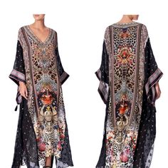 Camilla Kaftan In Printed Silk With Crystal Embellishments. Sheer Sleeves And Side Panels. V Neckline. Long Sleeves. Relaxed Fit. Maxi Length. Slipover Style. Dry Clean. Os. Gorgeous Kaftan By Camilla, Pure Silk. Black Bohemian Embellished Kaftan, Black Embellished Bohemian Kaftan, Embellished Black Bohemian Kaftan, Bohemian Floral Print Evening Kaftan, Elegant Black Kaftan With Floral Print, Bohemian Long Kaftan For Evening, Elegant Embellished Multicolor Kaftan, Long Bohemian Evening Kaftan, Black Silk Maxi Kaftan