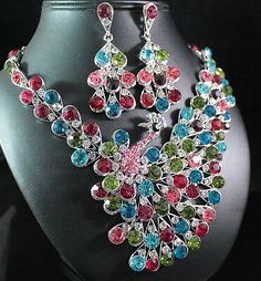 PEACOCK COLORFUL AUSTRIAN RHINESTONE CRYSTAL BIB NECKLACE EARRINGS SET N1616 | eBay Multicolor Crystal Jewelry With Sparkling Stones, Multicolor Jeweled Rhinestone Necklace Gift, Multicolor Jeweled Rhinestone Necklace For Gift, Multicolor Crystal Rhinestone Necklace With Sparkling Stones, Multicolor Metal Rhinestone Necklace For Party, Multicolor Rhinestone Necklace With Jewels, Costume Jewelry, Multicolor Crystal Rhinestone Necklace, Multicolor Rhinestone Necklace Costume Jewelry, Multicolor Crystal Rhinestone Costume Necklace