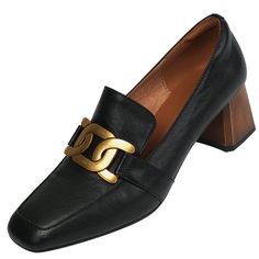 Looking for a versatile pair of shoes that can be dressed up or down? Check out our black loafer heels! These square-toed beauties are made of premium leather and feature gold metal hardware. They're the perfect shoes for any occasion. whether you're headed to the office or out on the town. Plus. they're so comfortable you'll want to wear them all day long. Don't miss out on this must-have style! Upper: Leather Lining: Leather Outsole: TPR Toe: Square Toe Closure: Slip on Heel: 5cm/2'' Color: Bl Fall Office Leather Shoes With Square Toe, Square Toe Leather Shoes For Office, Office Leather Shoes With Sculpted Heel And Square Toe, Office Heels With Metal Feet And Almond Toe, Elegant Square Toe Leather Shoes For Fall, Elegant Fall Leather Shoes With Square Toe, Gold Luxury Loafers For Office, Modern Gold Square Toe Heels, Luxury Gold Loafers For Office