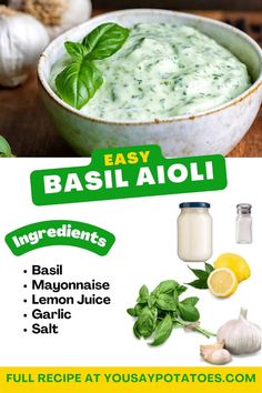 an advertisement for basil aioli with ingredients