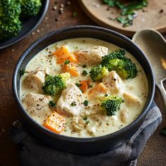 a bowl filled with chicken and broccoli soup