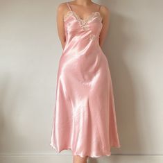 Size: M Color: Pink Condition: Perfect vintage condition Measurements: Armpit to armpit: 45 cm /  17.7 inches  Length: 130 cm / 51.1 inches Vintage V-neck Slip Dress For Spring, Vintage Fitted V-neck Slip Dress, Vintage Satin Slip Dress For Spring, Vintage Spring Wedding Slip Dress, Vintage Pink Slip Dress For Daywear, Vintage Pink Slip Dress For Summer, Vintage Sleeveless Silk Slip Dress, Vintage Satin V-neck Dress, Vintage Slip Dress For Party