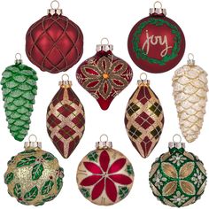 six christmas ornaments with the word joy written on one ornament in red, green and gold