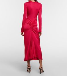 Find VICTORIA BECKHAM Gathered Jersey Midi Dress on Editorialist. Material: 96% viscose, 4% elastane. Care instructions: dry clean. Made in Portugal. Designer color name: Pink. Ruched Sheath Midi Dress, Fitted Ruched Maxi Dress In Rayon, Fitted Ruched Maxi Dress In Viscose, Fitted Ruched Viscose Maxi Dress, Stretch Rayon Midi Dress, Fitted Ruched Midi Dress Rayon Material, Fitted Rayon Evening Dresses, Fitted Ruched Rayon Midi Dress, Stretch Rayon Dresses