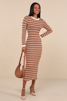 Slip on the Lulus Ever So Effortless Light Brown Striped Ribbed Midi Sweater Dress for the easiest (and cutest) OOTD! Soft and stretchy ribbed knit, with a white striped design, shapes this fall-ready dress with a crew neckline, long sleeves, and a fitted bodice. The figure-flaunting silhouette hugs your curves just right as it continues into a column midi skirt. Classic kick pleat at back completes the look. Fit: This garment fits true to size. Length: Mid-calf length. Size medium Bust: Great f Day Out Fitted Ribbed Bodycon Dress, Brown Ribbed Sweater Dress For Spring, Ribbed Bodycon Midi Dress For Day Out, Spring Brown Ribbed Sweater Dress, Ribbed Stretch Bodycon Dress For Day Out, Ribbed Midi Bodycon Dress For Day Out, Brown Ribbed Midi Sweater Dress, Brown Ribbed Stretch Sweater Dress, Brown Stretch Ribbed Sweater Dress