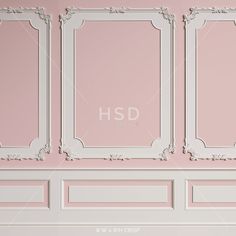 an empty room with pink walls and white frames on the wall, 3d rendering image