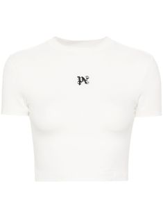 cream white jersey texture crew neck short sleeves embroidered logo at the chest cropped straight hem Kylie Cantrall, Random Clothes, Polo Women, Angels Logo, Yoko London, City Dress, White Jersey, Cropped T Shirt, Dolce E Gabbana