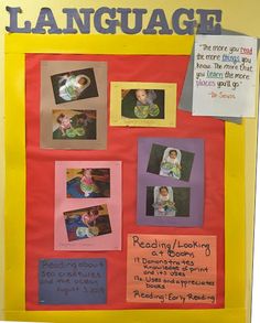 a bulletin board with pictures of babies and words that read,'language reading / looking