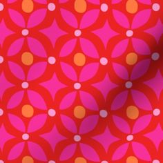 a red background with orange and pink circles