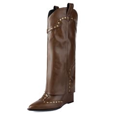 Shop Coffee-Brown Rivets Fold Over Knee High Boots Wedge Heel Cowgirl Boots color Brown for Dancing Club, Music Festival, Night Club, Party with worldwide Free shipping & Free return. Brown Round Toe Wedge Boots For Fall, Brown Wedge Boots With Round Toe For Fall, Brown Leather Pointed Toe Wedge Boots, Brown Knee-high Wedge Boots For Fall, Brown Round Toe Wedge Boots For Spring, Spring Brown Wedge Boots With Round Toe, Spring Brown Round Toe Wedge Boots, Brown Knee-high Wedge Boots For Winter, Brown Wedge Heel Boots For Winter