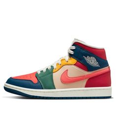 Are you ready to make a statement in the Air Jordan 1 Mid SE Womens Multi Color Silhouette? This standout footwear is designed to turn heads. Featuring creamy-colored layered tongue and midfoot components, accentuated with a multicolored rainbow of vibrant colors, this silhouette is a sight to behold. The ankle section boosts patriotic red, white, and blue elements, while toe boxes introduce crimson tones, allowing navy accents to stand out along the forefoot strip. Celebrate your uniquely stylish look with the Jumpman emblem atop a white midsole and navy outsole – it’s time to live life in brilliant color. Get noticed with the Air Jordan 1 Mid SE Womens Multi Color 2022 Silhouette. (AJ1/SNKR/Retro/Mid Top/Women's/Leather/Basketball) Multicolor High-top Sneakers With Cushioned Footbed For Streetwear, Multicolor High-top Custom Sneakers With Cushioned Footbed, Modern Multicolor High-top Custom Sneakers, Multicolor High-top Sneakers With Cushioned Footbed, Modern Multicolor Sneakers With Boost Midsole, Multicolor Leather Basketball Shoes With Cushioned Footbed, Colorful Jordan 1, Colorful Jordans, Cool Nikes