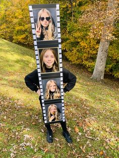 a woman standing in the grass with her hands on her hips and two pictures behind her