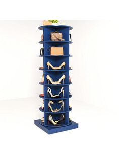 a tall blue shoe rack with many pairs of shoes on it's sides and one pair of heels in the middle