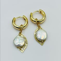 This Women’s Dangle Earrings Made From Natural Baroque Pearl,14 K Gold Plated .Diameter-12 Mm White Drop Hoop Earrings For Pierced Ears, Hand Crafted Jewelry, Jewelry Women, Crafted Jewelry, Leaf Earrings, Baroque Pearls, Handcrafted Jewelry, Jewelry Crafts, Hand Crafted