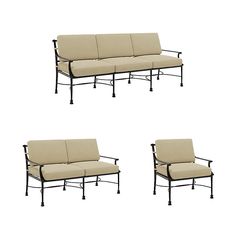 three couches with cushions sitting next to each other on top of a white background