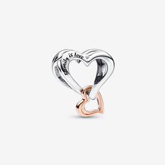 Inspired by a meeting of heart and infinity motifs, the Two-tone Openwork Infinity Heart Charm is a tribute to your family's infinite love. The top part of the charm is a sterling silver openwork heart with an organic, swirling shape; linked through it is a smaller heart in 14k rose-gold plating, representing your eternal link to your family. The sterling silver heart features two infinity symbols and the engraved message "Family is love." Wear it on your jewelry as a reminder of the ones who are closest to your heart. - Pandora Two-tone Openwork Infinity Heart Charm - Sterling silver and 14k Rose gold-plated unique metal blend Family Is Love, Heart And Infinity, Charms Pandora, Infinite Love, Hearts And Roses, Infinity Heart, Pandora Charm, Jewellery Uk, Charm Set