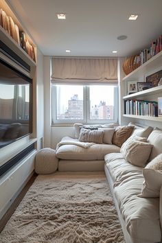 Sofa For Open Living Room, Tiny Snug Room, Small Tv Living Room Ideas, Tv Loft Room Ideas, Tiny Media Room, Storage Ideas For Small Spaces Living Room, Tv Area Bedroom, Bedroom Converted To Tv Room, Small Loft Ideas Upstairs Cozy