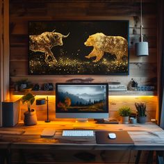 a desk with two computers on it and an animal painting above the computer screen in front of them