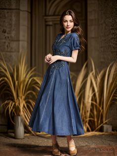 Lasaky - Vintage Embroidered Denim Maxi Dress with Open Collar and Cinched Waist Embroidered Denim Blue Dress, Embroidered Fitted Denim Dress, Floral Embroidered Fitted Denim Dress, Embroidered Denim Dresses In Medium Wash, Embroidered Denim Dress In Medium Wash, Fitted Embroidered Denim Dress, Fitted Floral Embroidery Denim Dress, Fitted Denim Dress With Floral Embroidery, Denim Blue Floral Embroidery Denim Dress