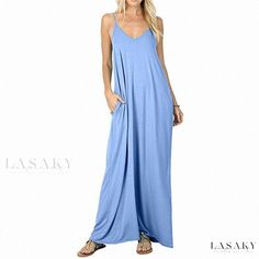 Lasaky - Solid Color Loose Fit Sleeveless Dress with Pockets: Elegant and Alluring Slip Dress Very Short Dress, Blue Sundress, Cami Maxi Dress, Camisole Dress, Rockabilly Dress, Cap Dress, Crewneck Dress, Cosplay Dress, Plus Size Maxi Dresses