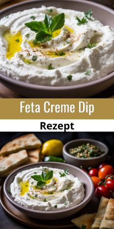 feta creme dip in a bowl and on a plate with pita bread