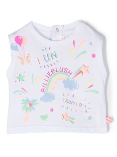 white/multicolour cotton graphic print to the front round neck rear press-stud fastening sleeveless Sleeveless Multicolor Graphic Print T-shirt, Cute White Sleeveless T-shirt, White Cotton T-shirt With Rainbow Print, Playful White Cotton Tank Top, Playful Cotton Tank Top, Multicolor Sleeveless T-shirt For Summer, Sleeveless Cotton T-shirt With Printed Design, Sleeveless Cotton T-shirt With Print, Sleeveless Cotton Printed T-shirt