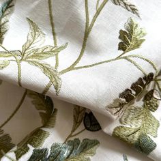 Cowtan & Tout Fabric: Broadleaf - Leaf Green - Dixie & Grace Linen Embroidery, Drapery Designs, Curated Decor, Embroidered Leaves, Lake House Decor, Bed Skirt, Leaf Green, Green Decor, Bedroom Green