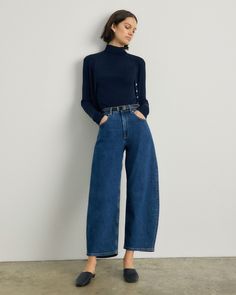 The Way-High® Curve Jean Ocean – Everlane High Waisted Wide Jeans Outfit, Wide Jeans Outfit, Dark Green Shirt, Mock Neck Tank Top, Buy List, Denim Clothing, Curve Jeans, Wide Jeans, Mock Neck Top