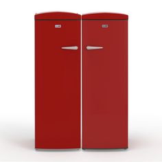 two red refrigerators side by side on a white background