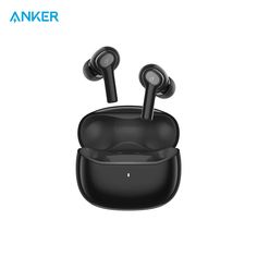 anker bluetooth earbuds with charging case in black color on white background