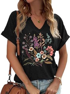 PRICES MAY VARY. Womens Boho Flower T Shirt;V Neck Flower Shirt;Vintage Flowers Printed Shirt;Floral Graphic Tee;Wildflower T-shirt Features: Cotton Blend. High quality, light weight, lasting durability, fabric soft and comfortable, V Neck Graphic Tee. Occasion: This shirt is versatile and can be worn for casual outings, streetwear, office attire, home wear, school, daily wear, vacations, and special holidays such as Mothers Day and Summer. Can Match Wih Kinds Of Bottoms Like Shorts, Jeans, Loos Vintage V-neck T-shirt For Spring, Relaxed Fit V-neck T-shirt With Floral Print, Relaxed Fit Floral Print V-neck T-shirt, Floral Print V-neck T-shirt With Relaxed Fit, V-neck Floral Print Relaxed Fit T-shirt, Cotton V-neck Shirt With Floral Print, Bohemian V-neck Shirt With Floral Print, V-neck Floral Print Relaxed Fit Shirt, Black Floral Print Short Sleeve Tops