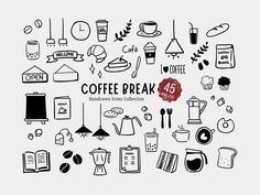 coffee break hand drawn icon set on white background with black and red text, illustration