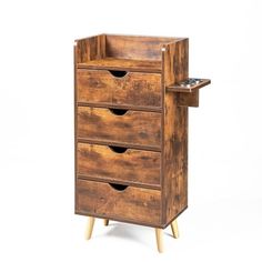 a wooden cabinet with three drawers on the front and one drawer open to show an electronic device